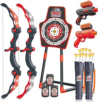 2 Bow and Arrow Sets with LED Light-up, 2 Foam Dart Guns for Kids